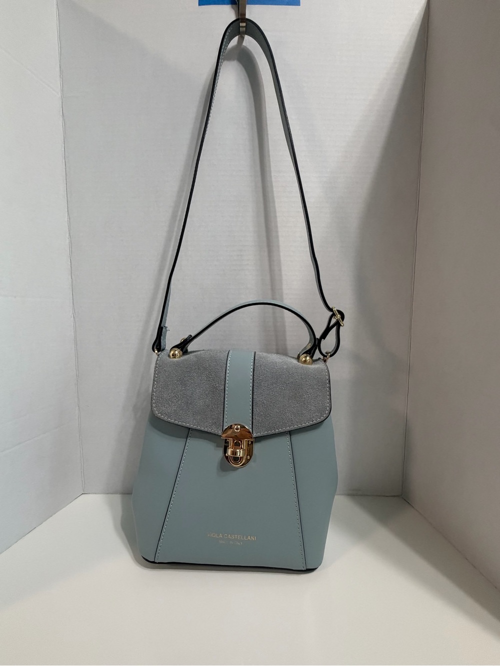 Viola Castellani Sleek Sky-Gray Crossbody Bag with Suede Flap